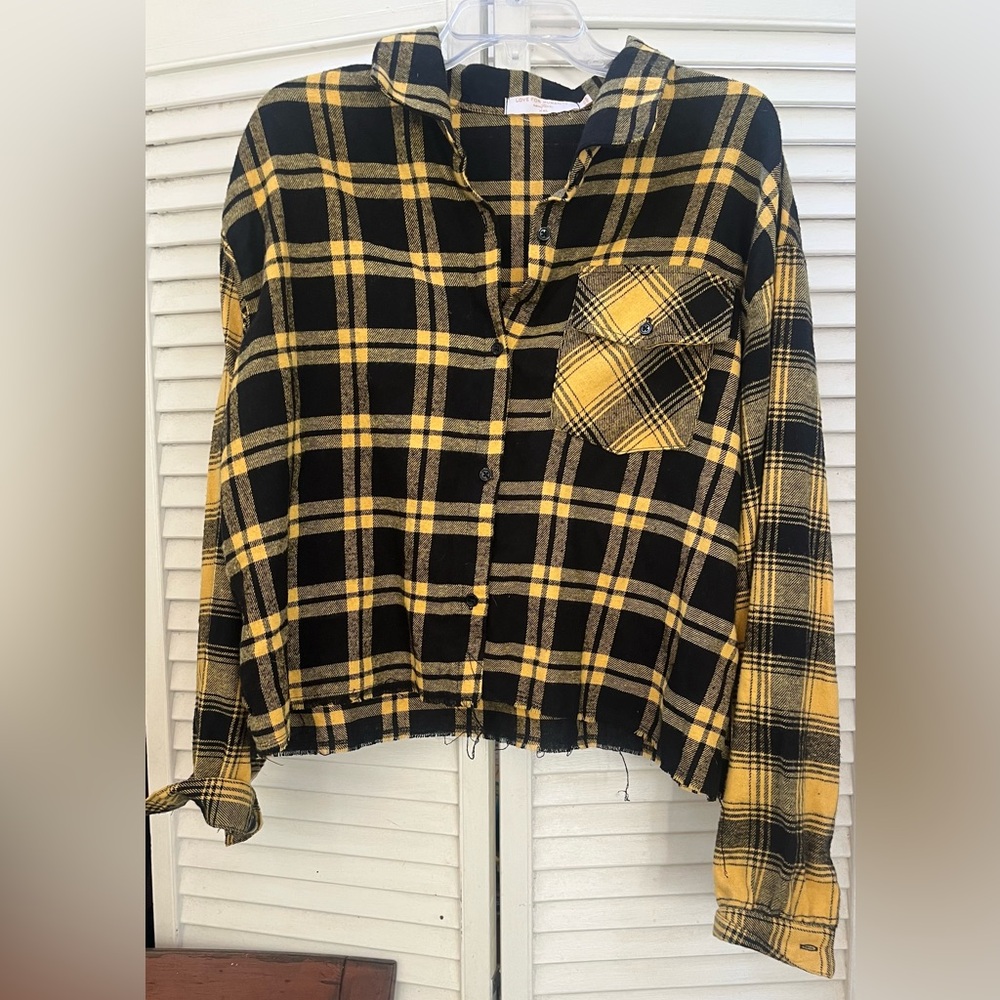 LOVE for HUMANITY couture Plaid Yellow Black Flannel button shirt raw hem